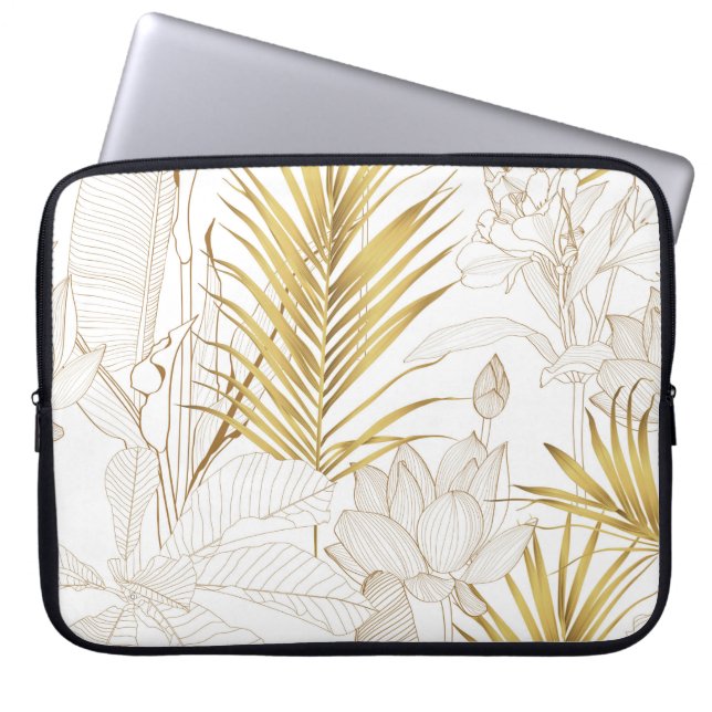 Tropische exotische bloemlijn gouden palmbladeren  laptop sleeve (Voorkant)