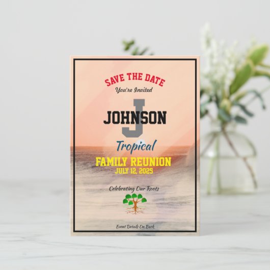 Tropische Familie herenigt om het even welke Datum Save The Date (Staand voorkant)