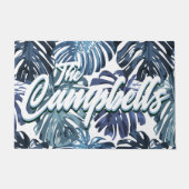 Tropische familienaam Blauw Wit Palmblad Deurmat (Voorkant)