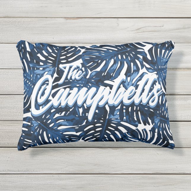Tropische familienaam Blauw Witte Bladeren Patroon Buitenkussen (Voorkant)