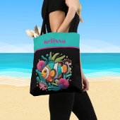 Tropische Faux Borduurwerk Vis Turkoois Roze Naam Tote Bag