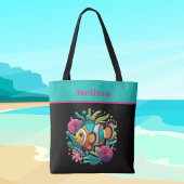Tropische Faux Borduurwerk Vis Turkoois Roze Naam Tote Bag
