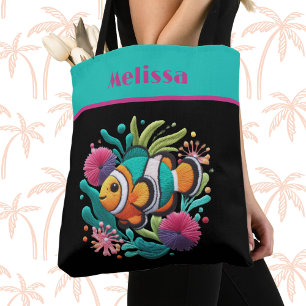 Tropische Faux Borduurwerk Vis Turkoois Roze Naam Tote Bag