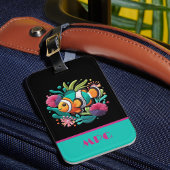 Tropische Faux Borduurwerk Vis Zwart Roze Initiale Bagagelabel