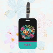 Tropische Faux Borduurwerk Vis Zwart Roze Initiale Bagagelabel