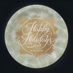 Tropische feestdag papieren bordje<br><div class="desc">prettige feestdagen in witte hoofdletters op een spetter van faux goudfolie op een bleke sage groene bladeren kerstachtergrond,  zijn deze papieren borden ook gepersonaliseerd met jouw naam. Geweldig voor je thuis of cadeau als cadeau. MATCHERENDE luiers en MEER design in onze winkel.</div>