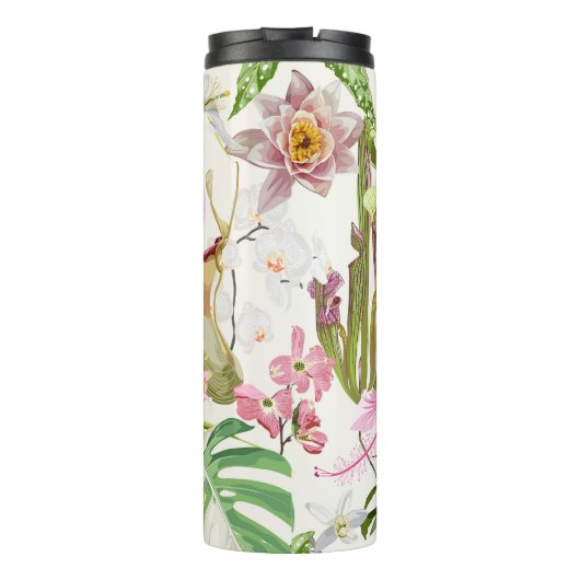 Tropische felgroene bladeren, bloemen. thermosbeker (Achterkant)