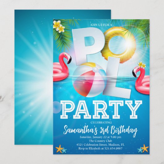 Tropische Flamingle Pool Party Verjaardag Kaart (Voorkant / Achterkant)