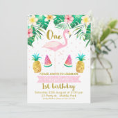 Tropische flamingo 1e verjaardag Uitnodiging (Staand voorkant)