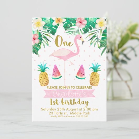 Tropische flamingo 1e verjaardag Uitnodiging (Staand voorkant)