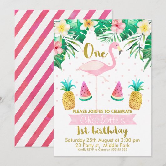 Tropische flamingo 1e verjaardag Uitnodiging (Voorkant / Achterkant)