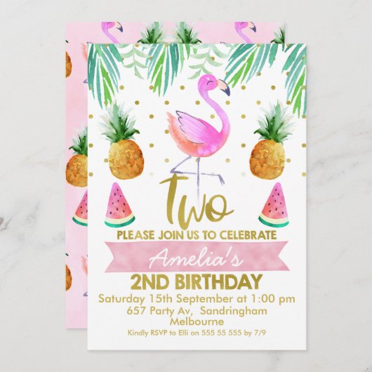 Tropische Flamingo 2e verjaardag Uitnodiging (Voorkant / Achterkant)