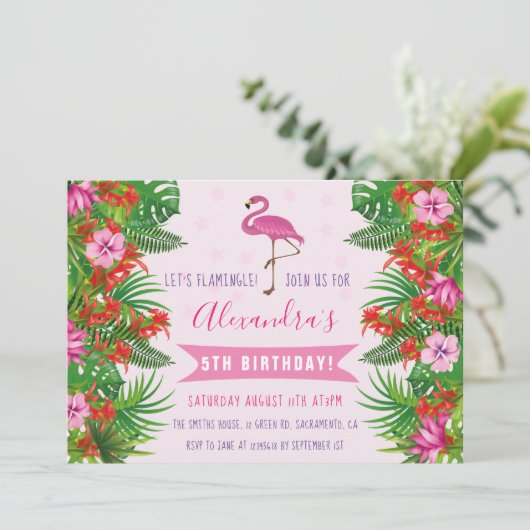 Tropische flamingo 5e verjaardagsfeest kaart (Staand voorkant)