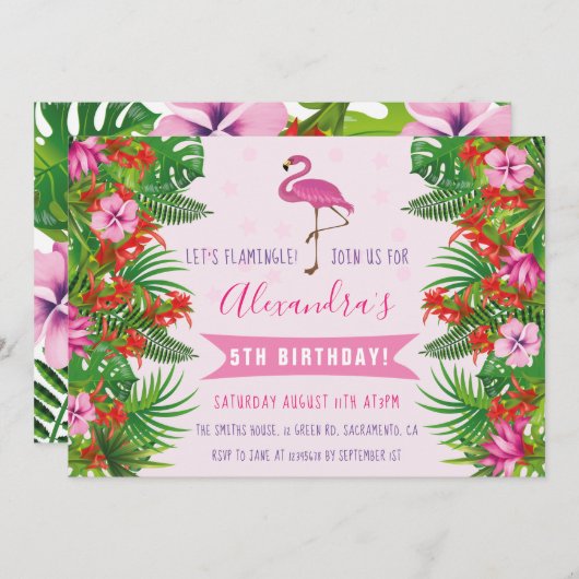 Tropische flamingo 5e verjaardagsfeest kaart (Voorkant / Achterkant)