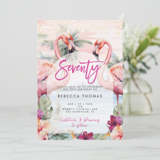 Tropische flamingo 70ste verjaardag uitnodiging (Staand voorkant)