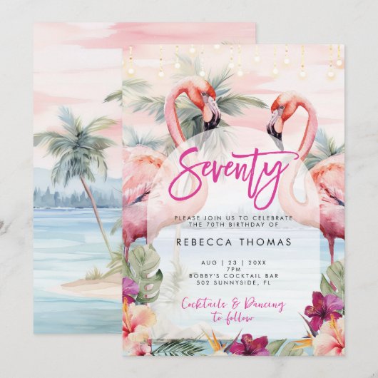 Tropische flamingo 70ste verjaardag uitnodiging (Voorkant / Achterkant)