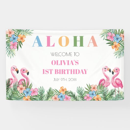 Tropische Flamingo Aloha Meisje 1e Verjaardag Welk Spandoek (Horizontaal)