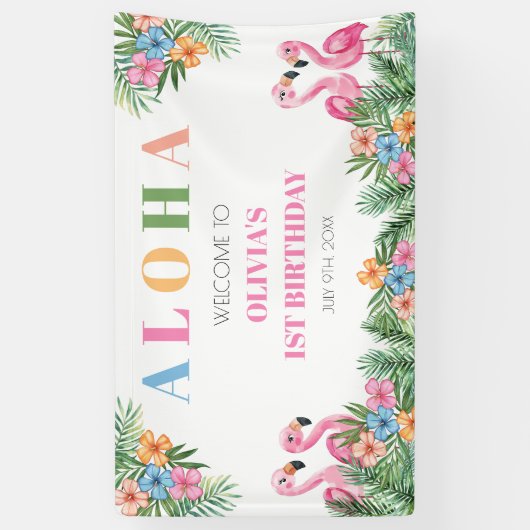 Tropische Flamingo Aloha Meisje 1e Verjaardag Welk Spandoek (Verticaal)