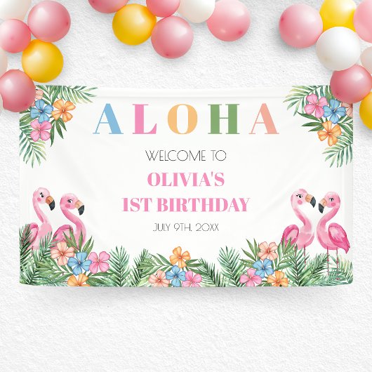 Tropische Flamingo Aloha Meisje 1e Verjaardag Welk Spandoek