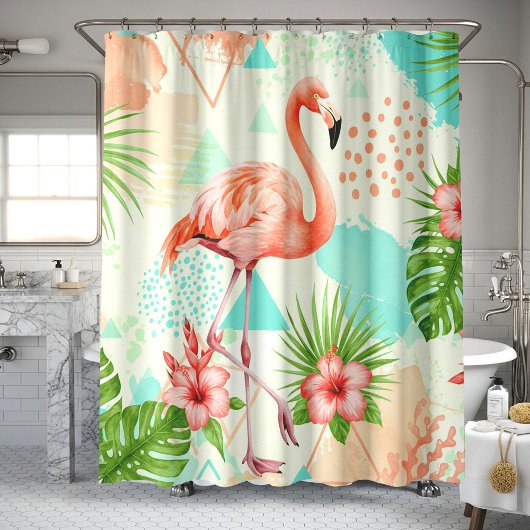 Tropische Flamingo Aquarel & Geometrisch Patroon Douchegordijn