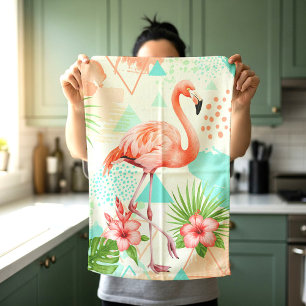 Tropische Flamingo Aquarel & Geometrisch Patroon Theedoek