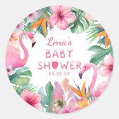 Tropische Flamingo Baby Borrel Sticker (Voorkant)