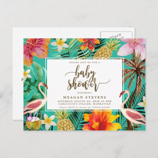 Tropische flamingo baby shower uitnodiging (Voorkant / Achterkant)