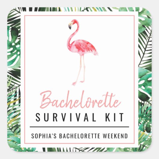 Tropische Flamingo Bachelorette Survival Kit Vierkante Sticker (Voorkant)