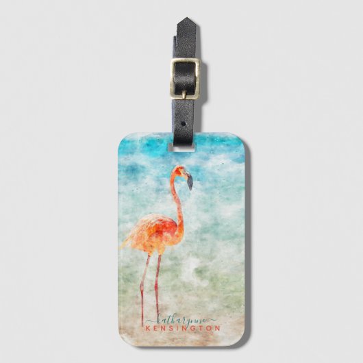 Tropische Flamingo Beach Waterverf Bagagelabel (Voorkant (verticaal))