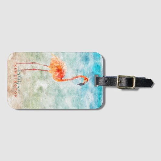 Tropische Flamingo Beach Waterverf Bagagelabel (Voorkant (horizontaal))