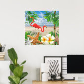 Tropische Flamingo Birds bij het strand Poster (Thuiskantoor)