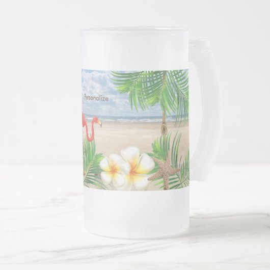 Tropische Flamingo Birds op het strand Matglas Bierpul (Voorkant rechts)