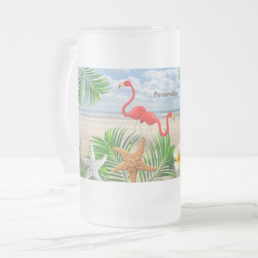 Tropische Flamingo Birds op het strand Matglas Bierpul (Voorkant links)
