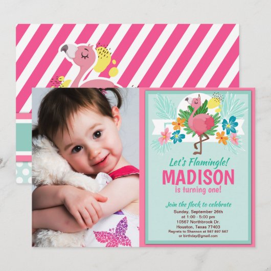 Tropische Flamingo Birthday Fotouitnodiging Kaart (Voorkant / Achterkant)