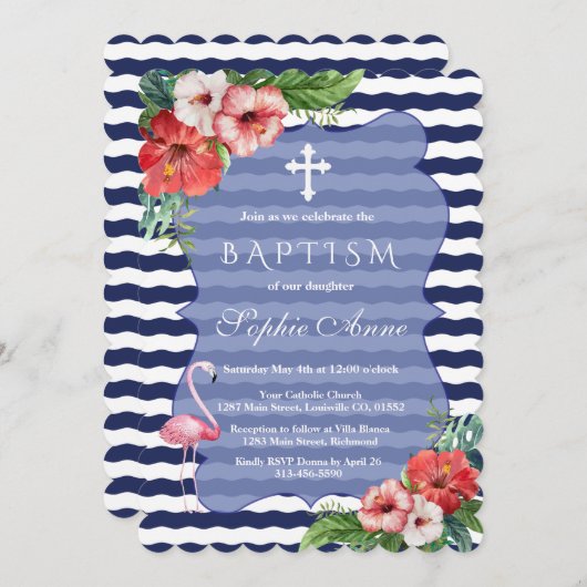 Tropische Flamingo Bloem Luau Navyblauw Doopfeest Kaart (Voorkant / Achterkant)