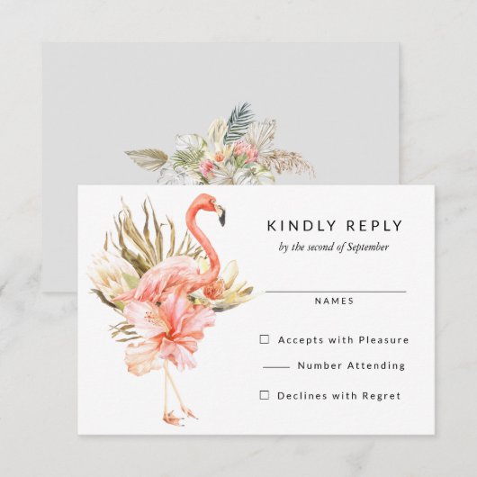 Tropische Flamingo Bloemen Bruiloft RSVP Antwoord (Voorkant / Achterkant)