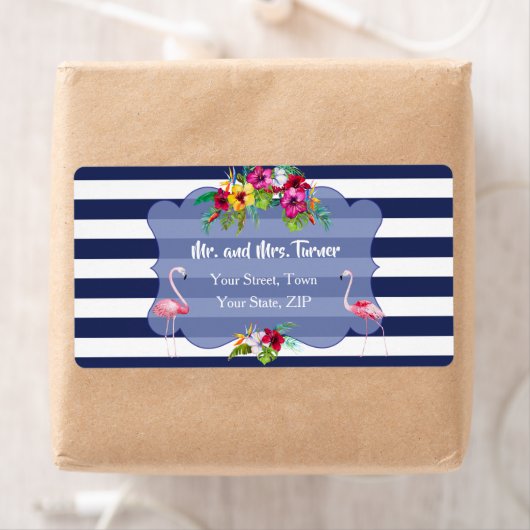 Tropische Flamingo Bloemen Luau Marine Strepen Tro Etiket (Insitu)