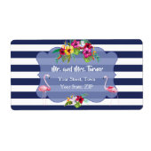 Tropische Flamingo Bloemen Luau Marine Strepen Tro Etiket (Voorkant)