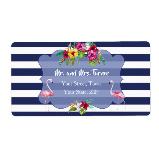Tropische Flamingo Bloemen Luau Marine Strepen Tro Etiket (Voorkant)