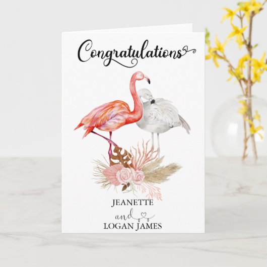 Tropische Flamingo Boho Bruiloft Felicitaties Kaart (Gele Bloem)
