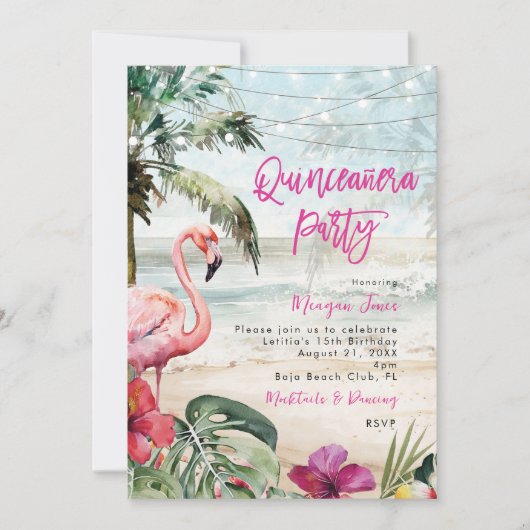 tropische flamingo boho quinceanera partij kaart (Voorkant)