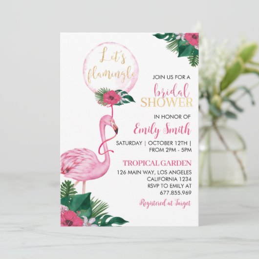 Tropische Flamingo Bridal Shower Invitation Kaart (Staand voorkant)