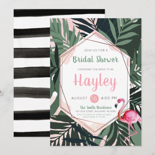Tropische Flamingo Bridal Shower Invitation Kaart (Voorkant / Achterkant)