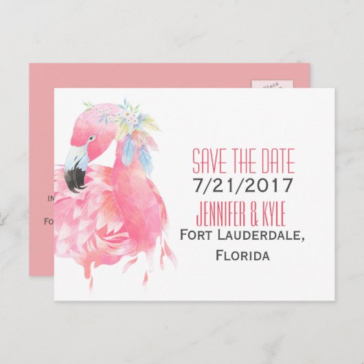 Tropische flamingo bruiloft Save the date Briefkaa Aankondigingskaart (Voorkant / Achterkant)