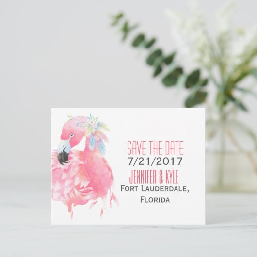Tropische flamingo bruiloft Save the date Briefkaa Aankondigingskaart (Staand voorkant)