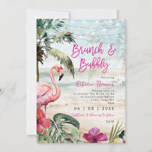 tropische flamingo brunch bruids douche uitnodigin kaart (Voorkant)