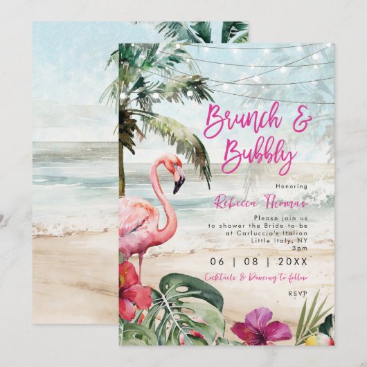 tropische flamingo brunch bruids douche uitnodigin kaart (Voorkant / Achterkant)