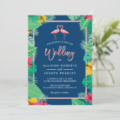 Tropische Flamingo Couples Navy Blue Wedding Kaart (Staand voorkant)