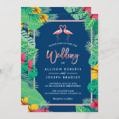 Tropische Flamingo Couples Navy Blue Wedding Kaart (Voorkant / Achterkant)