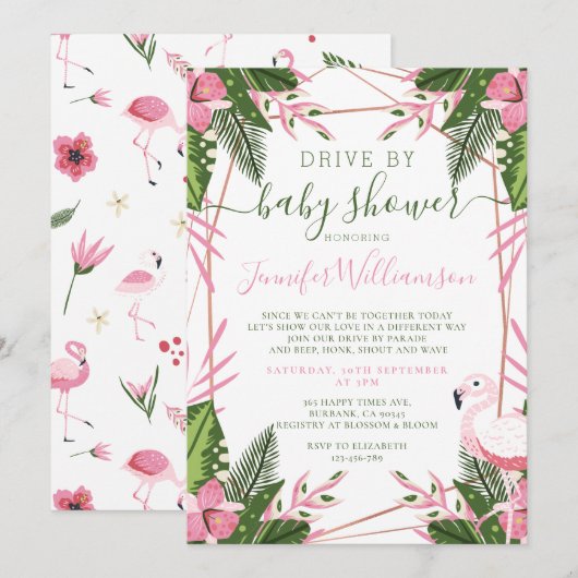 Tropische flamingo drive by Baby shower Kaart (Voorkant / Achterkant)